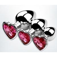 Paslanmaz Çelik Pembe Kalpli Mücevher Taşlı Pürüzsüz Silver Metal Anal Butt Plug - Büyük Boy