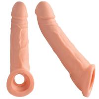 Gerçekçi Doku Penis Büyütücü ve Kalınlaştırıcı 3 CM Uzatmalı Testis Halkalı Realistik Penis Kılıfı 21 CM