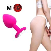 Çıkar-Tak Parlak Mavi Yuvarlak Mücevher Taşlı Mor Pürüzsüz Silikon Anal Butt Plug - Orta Boy