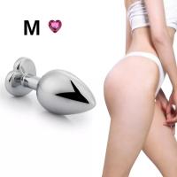 Paslanmaz Çelik Pembe Kalpli Mücevher Taşlı Pürüzsüz Silver Metal Anal Butt Plug - Orta Boy